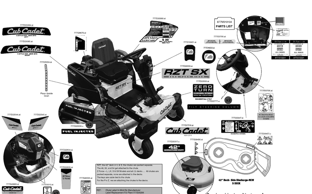 Label Map Diagram and Parts List for RZT-SX42EFI (17RWCBYS010)(2020) Cub Cadet Lawn Tractor